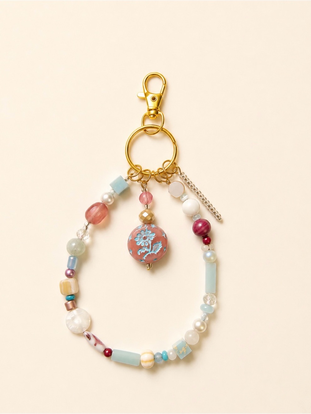 Beaded Floral Charm Key & Card Holder - Multicolor